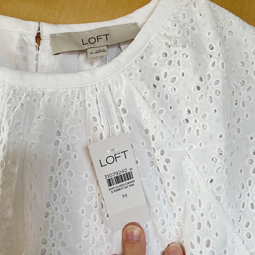LOFT White Eyelet Crewneck Flutter Sleeve Top